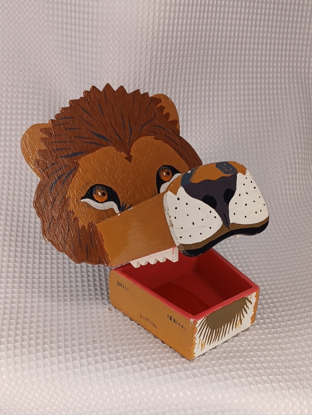 Vintage Hand-Painted Wooden Lion Head Hinged Trinket Box